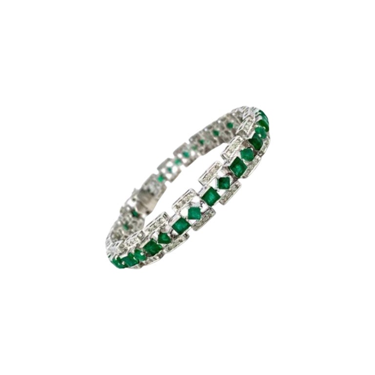 Art Deco Emerald and Diamond Tennis Bracelet Made in Sterling Silver For Sale