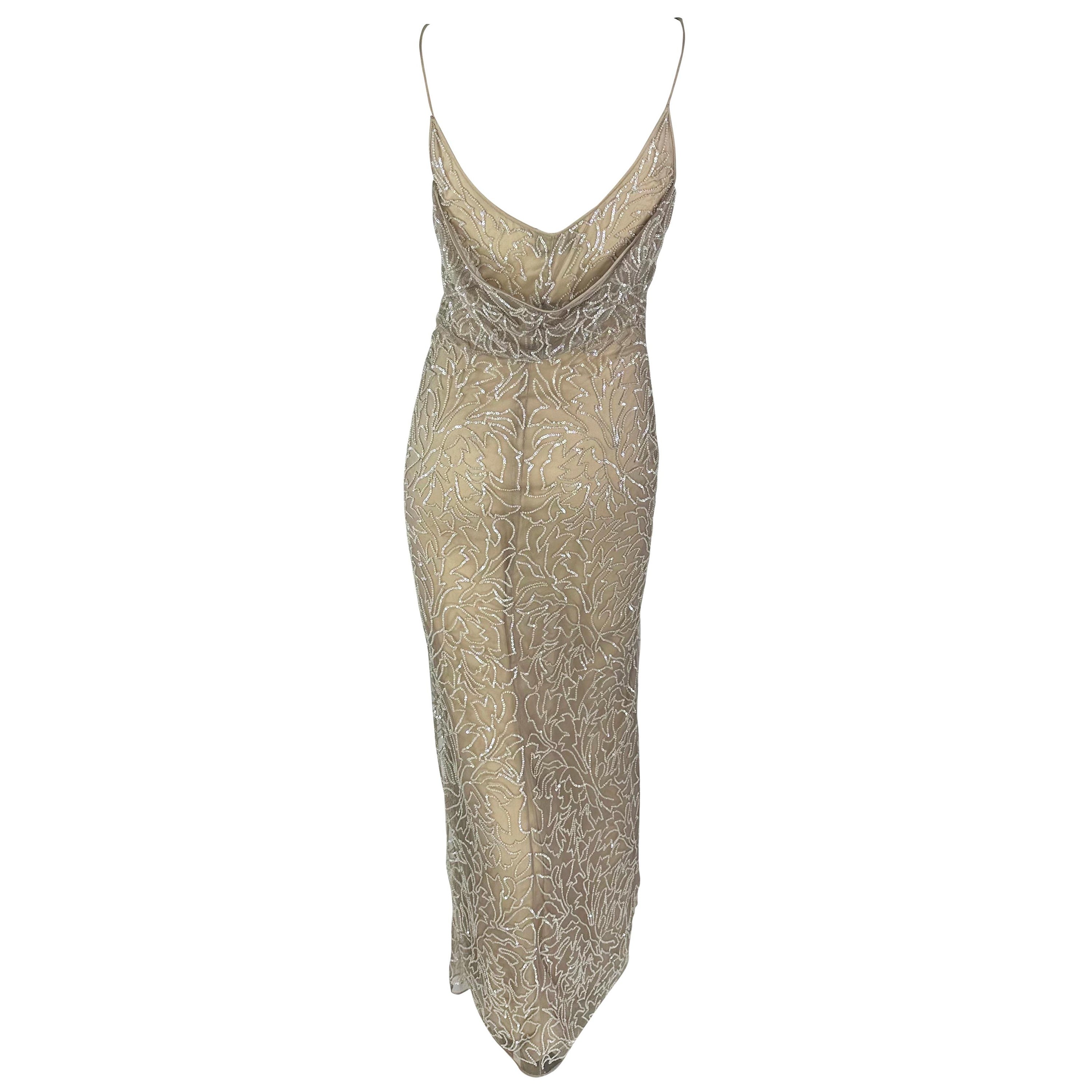 Late 1990s Giorgio Armani Semi Sheer Sequin Beaded Beige Sleeveless Gown For Sale