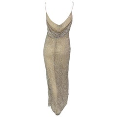 Used Late 1990s Giorgio Armani Semi Sheer Sequin Beaded Beige Sleeveless Gown