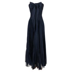 Antique Chanel Long Bustier Dress in Navy Blue Pleated Silk Taffeta