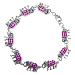 Vintage 925 Sterling Silver Elephant Charm Bracelet with Ruby and Sapphire for Her