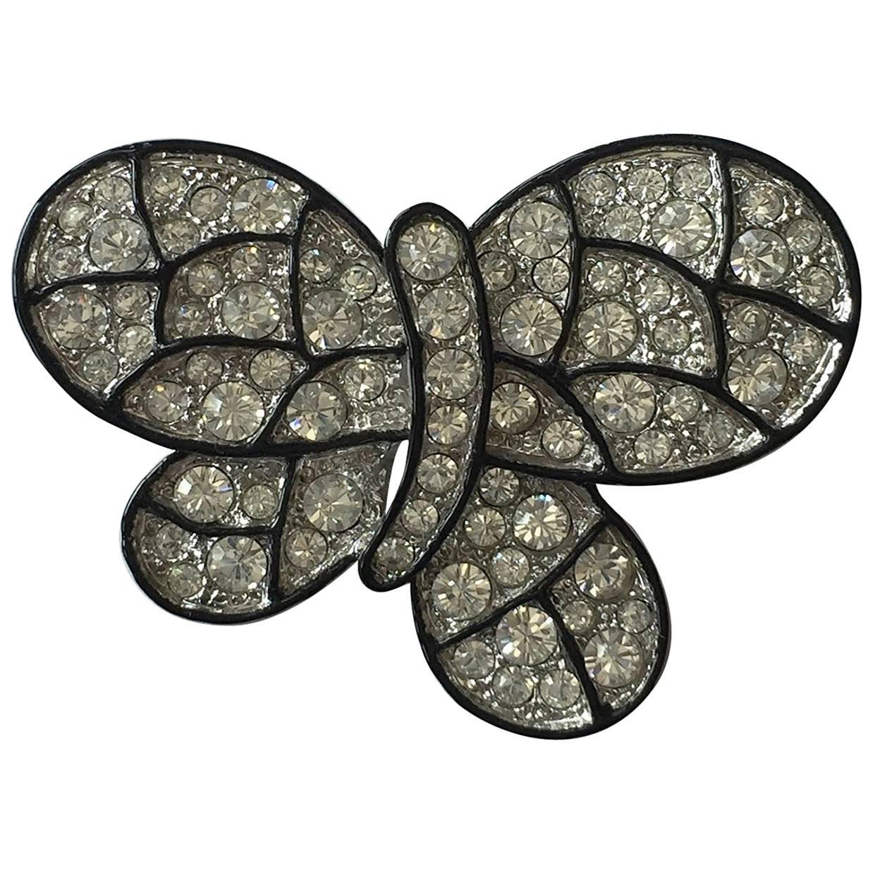 Signed KJL Kenneth Jay Lane Mariposa Crystal Black Enamel Butterfly Brooch Pin For Sale