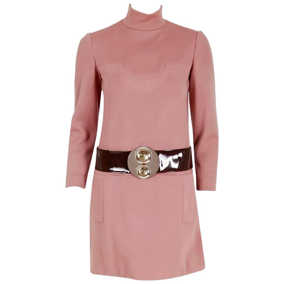 1967 Pierre Cardin Mauve-Pink Wool Mod Pockets Space-Age Metal Belt Mini Dress