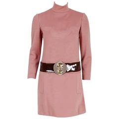 Vintage 1967 Pierre Cardin Mauve-Pink Wool Mod Pockets Space-Age Metal Belt Mini Dress