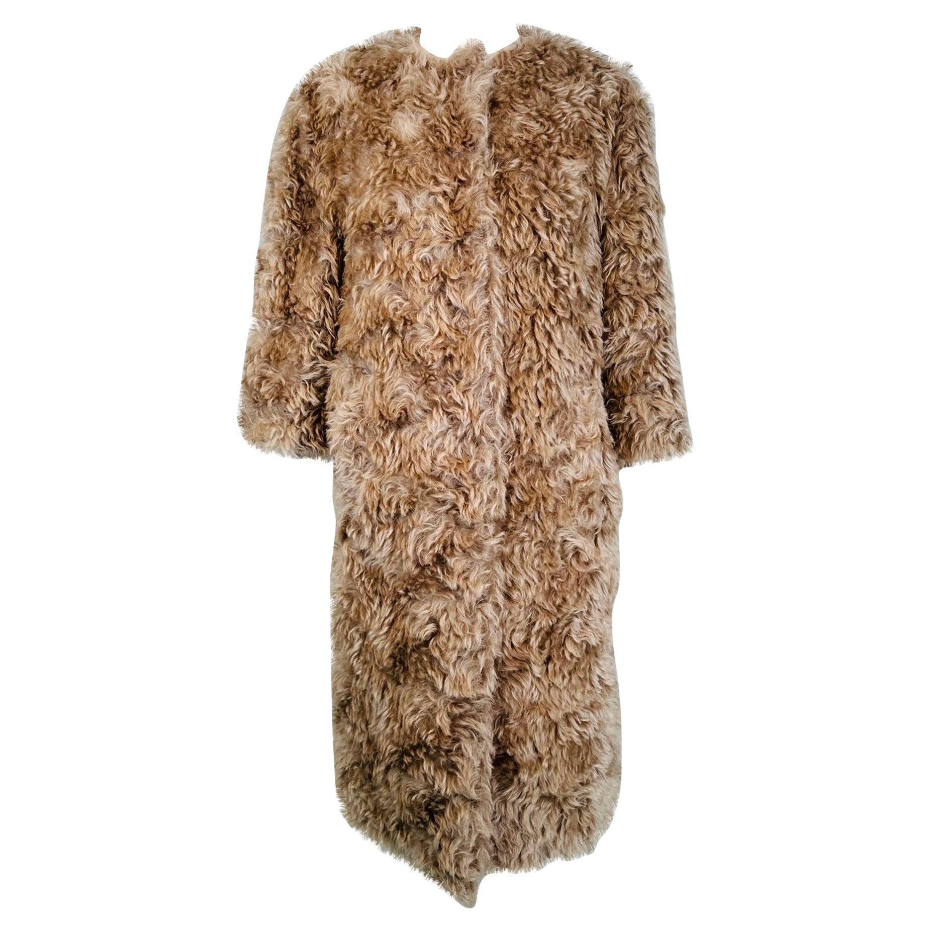 Prada Champagne Mohair Jewel Neck Big Snaps Faux Fur Teddy Bear Coat 38 For Sale