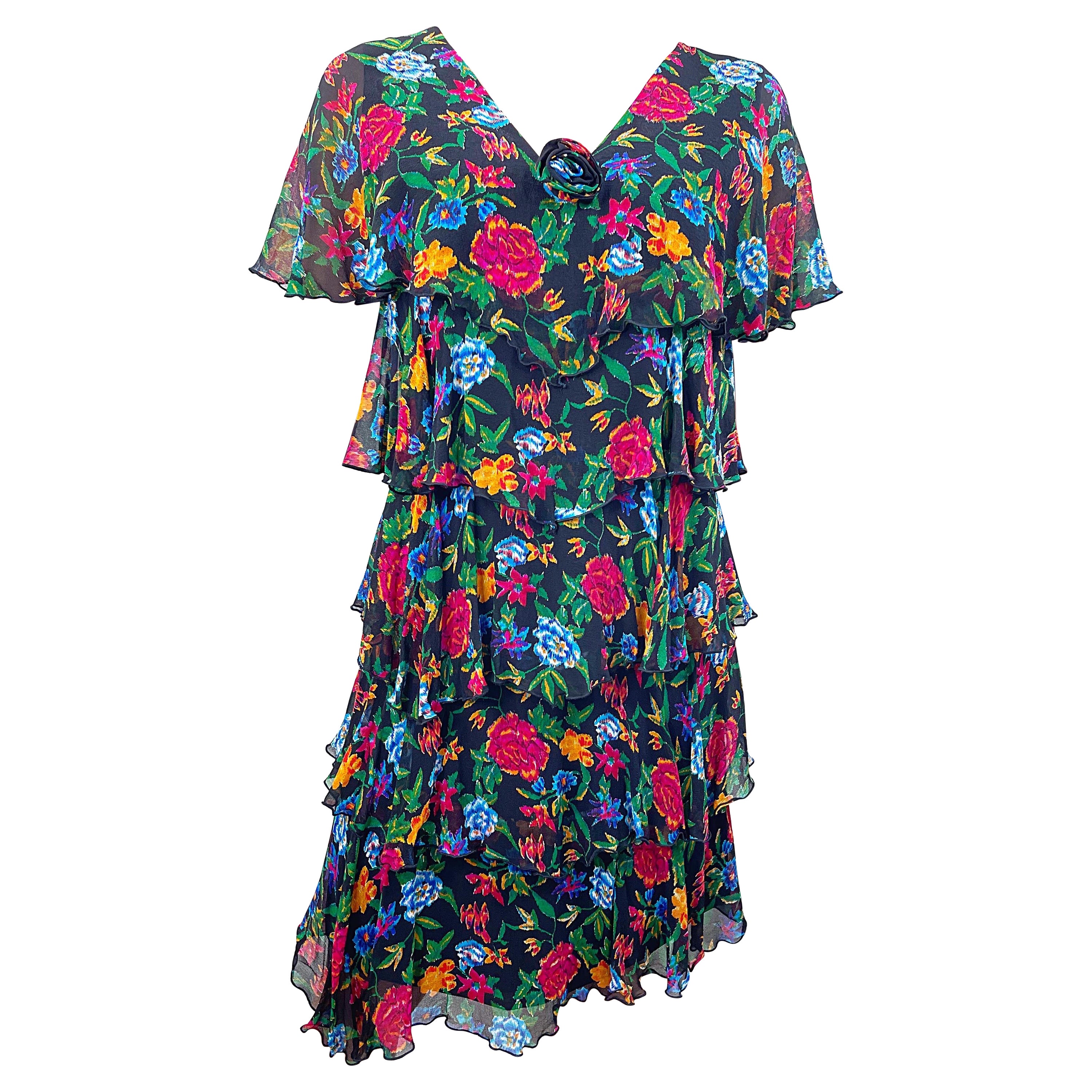 1970s Holly’s Harp Silk Chiffon Colorful Flower Print Tiered Vintage 70s Dress For Sale