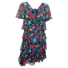 1970s Holly’s Harp Silk Chiffon Colorful Flower Print Tiered Vintage 70s Dress