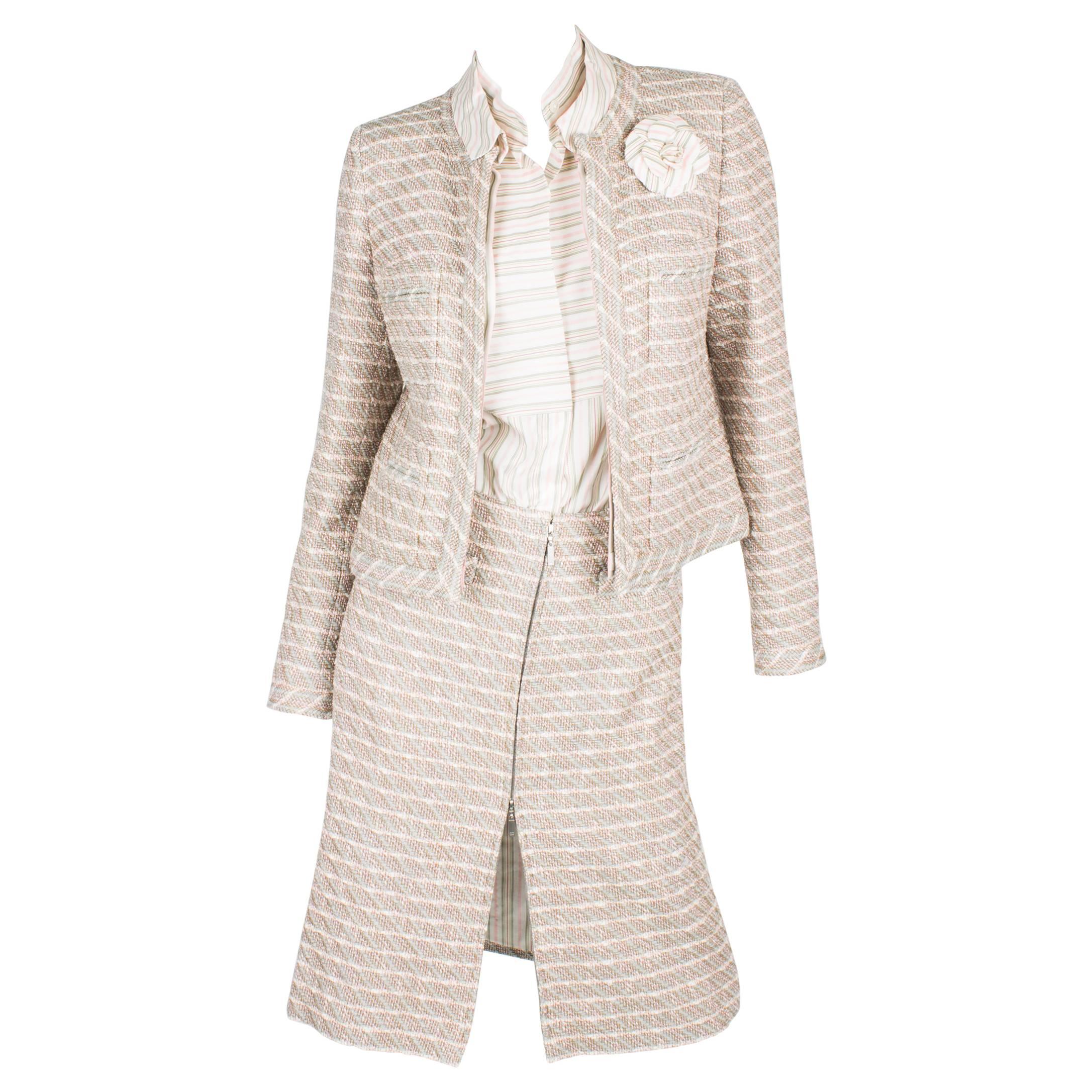 Chanel 3-pcs Suit Jacket, Skirt & Blouse - pink/green/gray/off-white 2003 For Sale