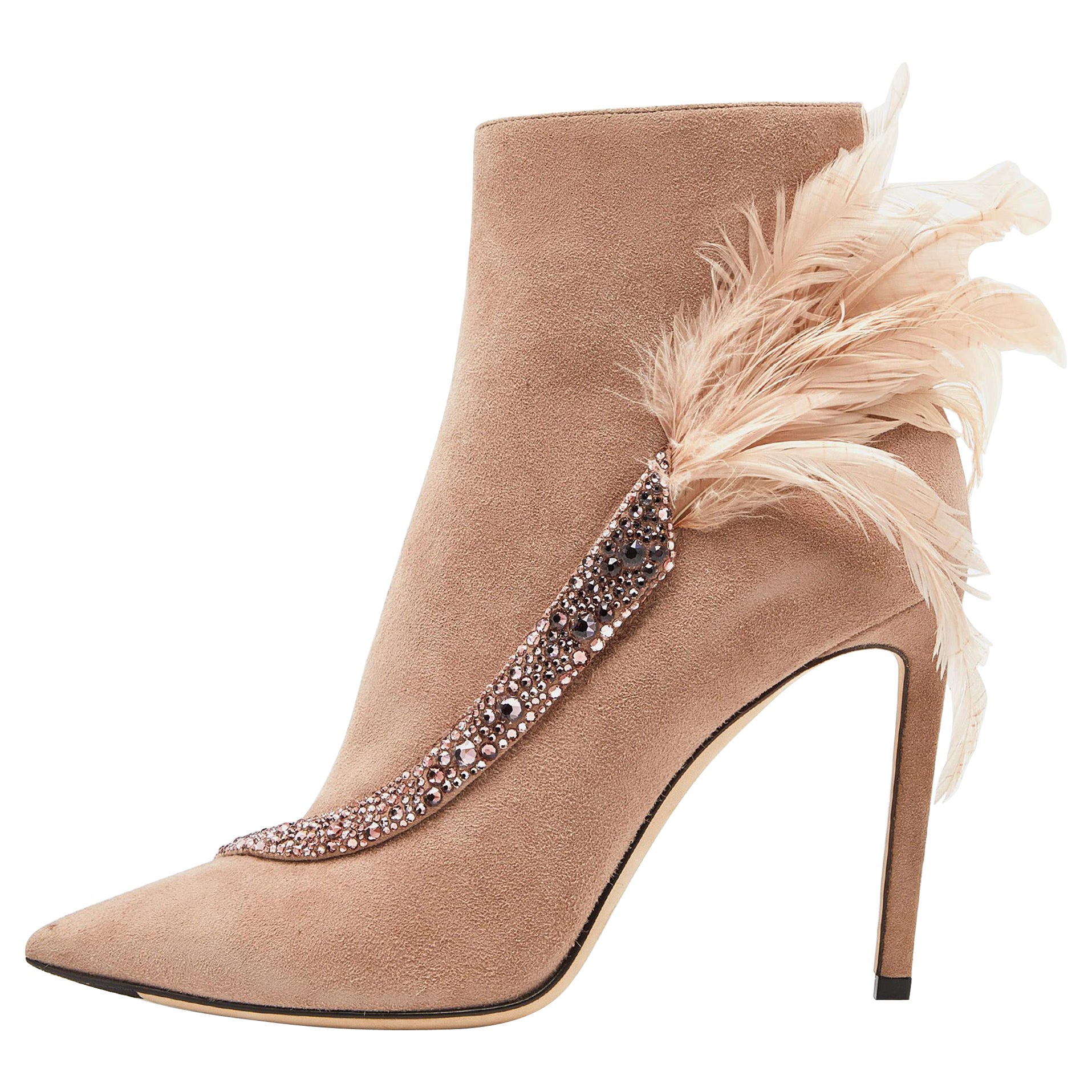 Jimmy Choo Pink Suede and Feather Crystal Embellished Ankle Boots Size 39 For Sale