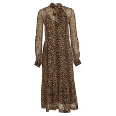 Saint Laurent Brown - Robe midi en mousseline imprimée léopard S