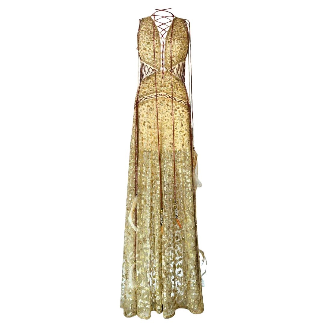 Roberto Cavalli Sheer Gold Sequin Evening Gown Spring 2017 Size 40IT For Sale