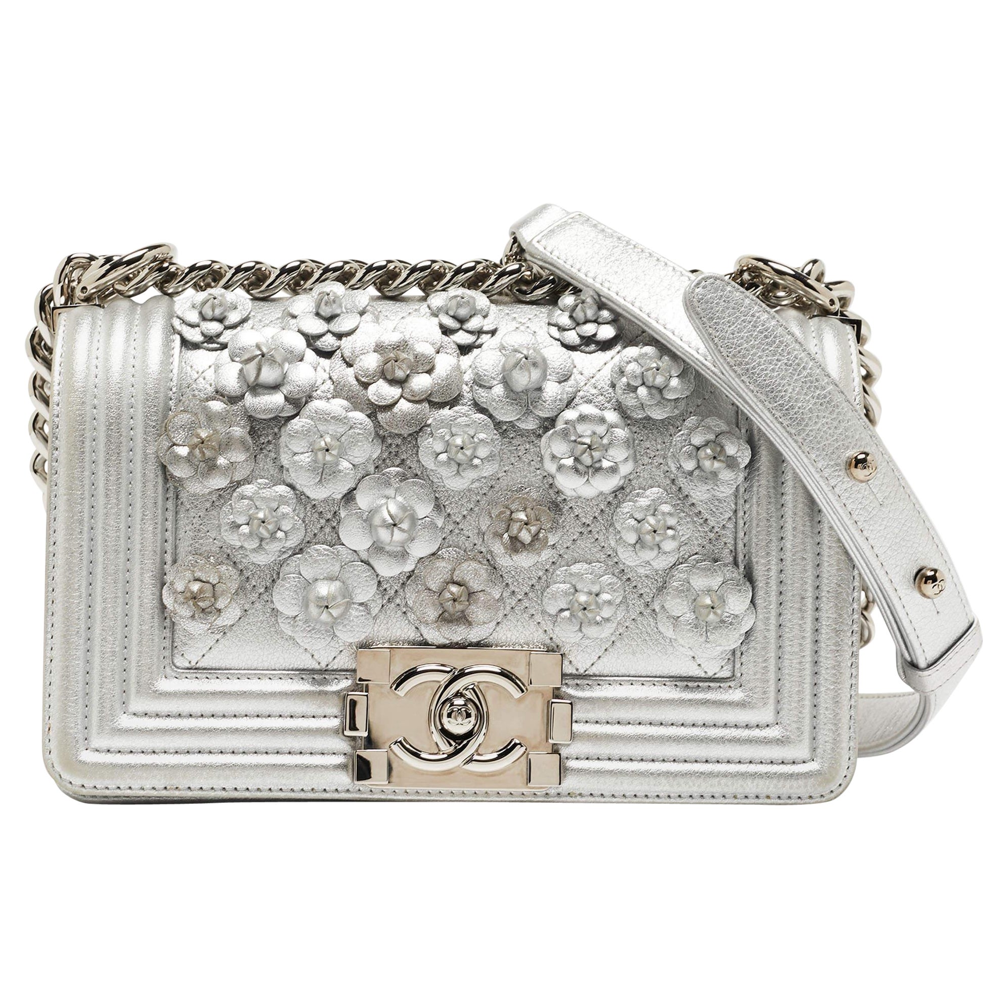 Chanel Silver Quilted Leather Small Camellia Applique Boy Flap Bag For Sale