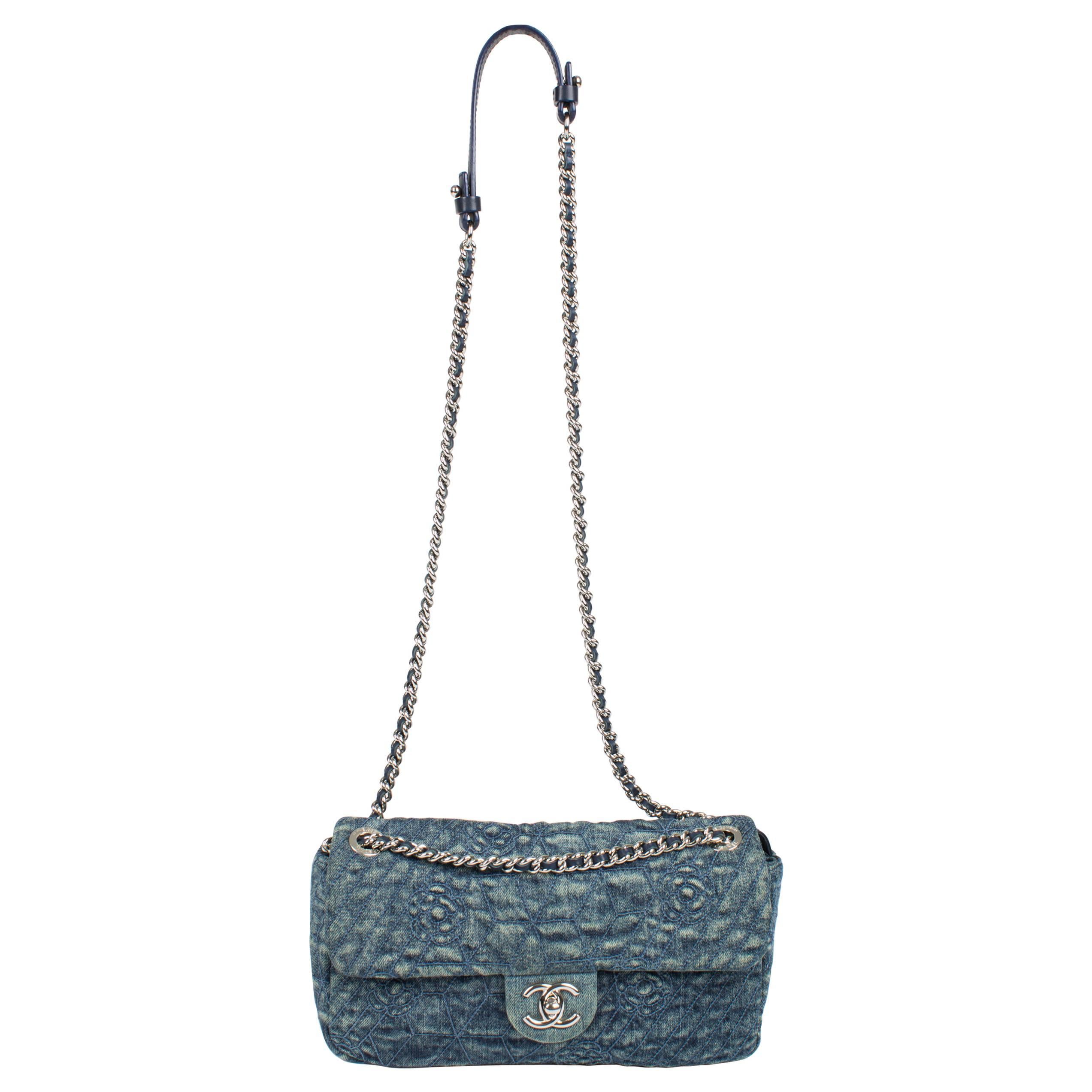 Chanel Denim Blue Camellia Flap Bag - blue