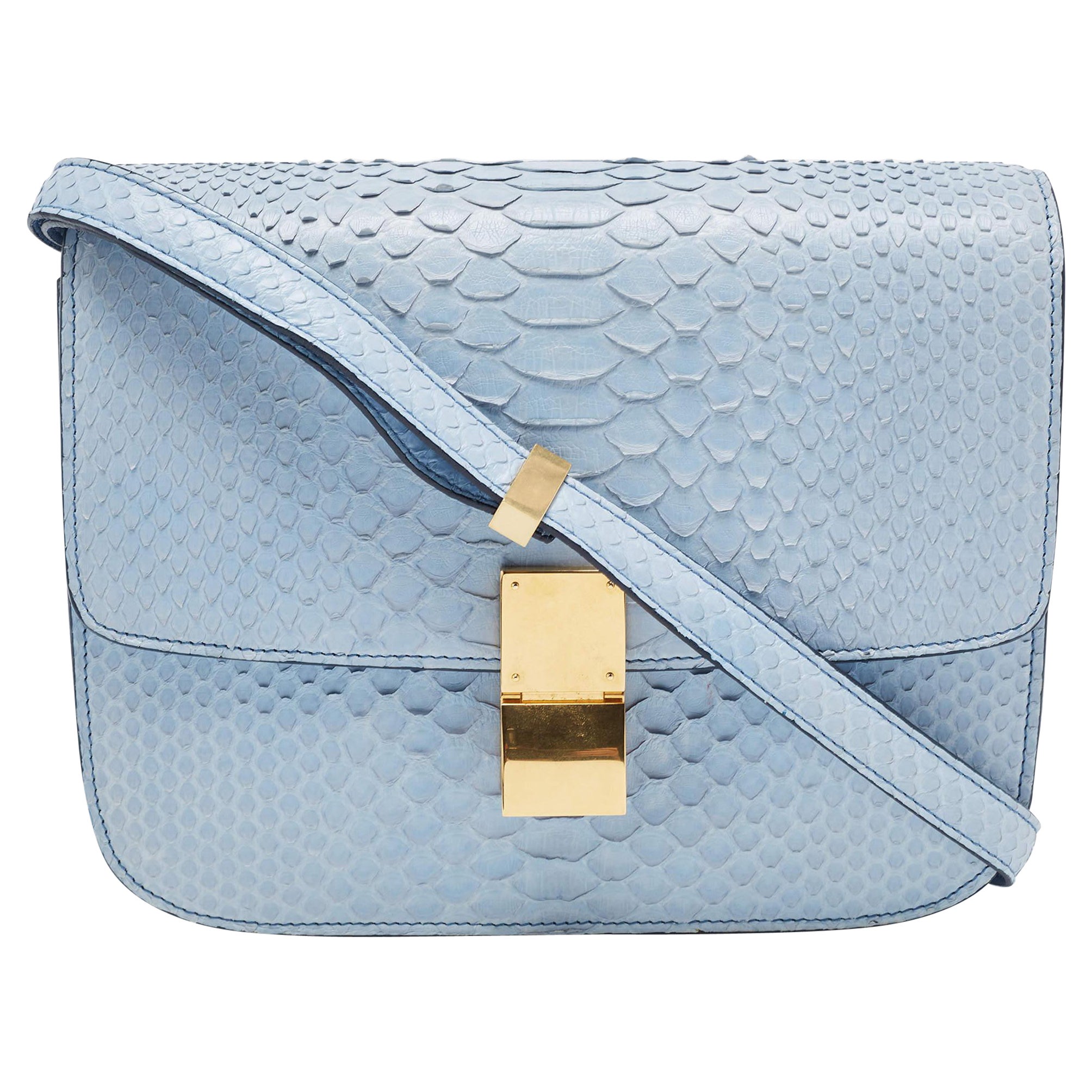 Celine Blue Python Medium Classic Box Bag For Sale