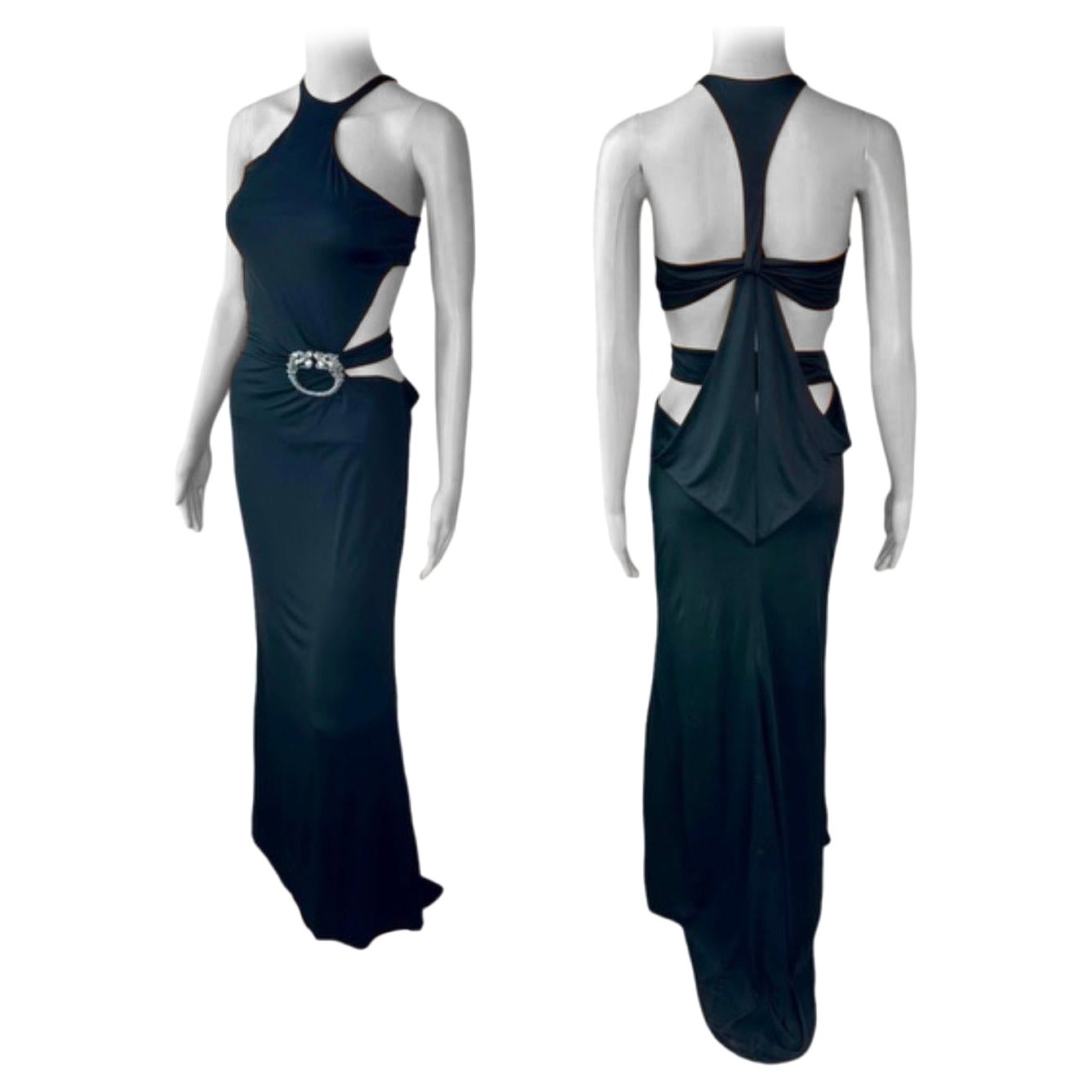 Tom Ford for Gucci F/W 2004 Embellished Plunging Cutout Black Evening Dress Gown For Sale