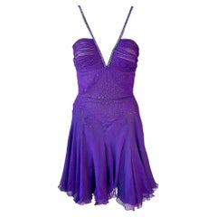 Versace c.2007 Crystal Embellished Plunging Neckline Semi-Sheer Purple Dress