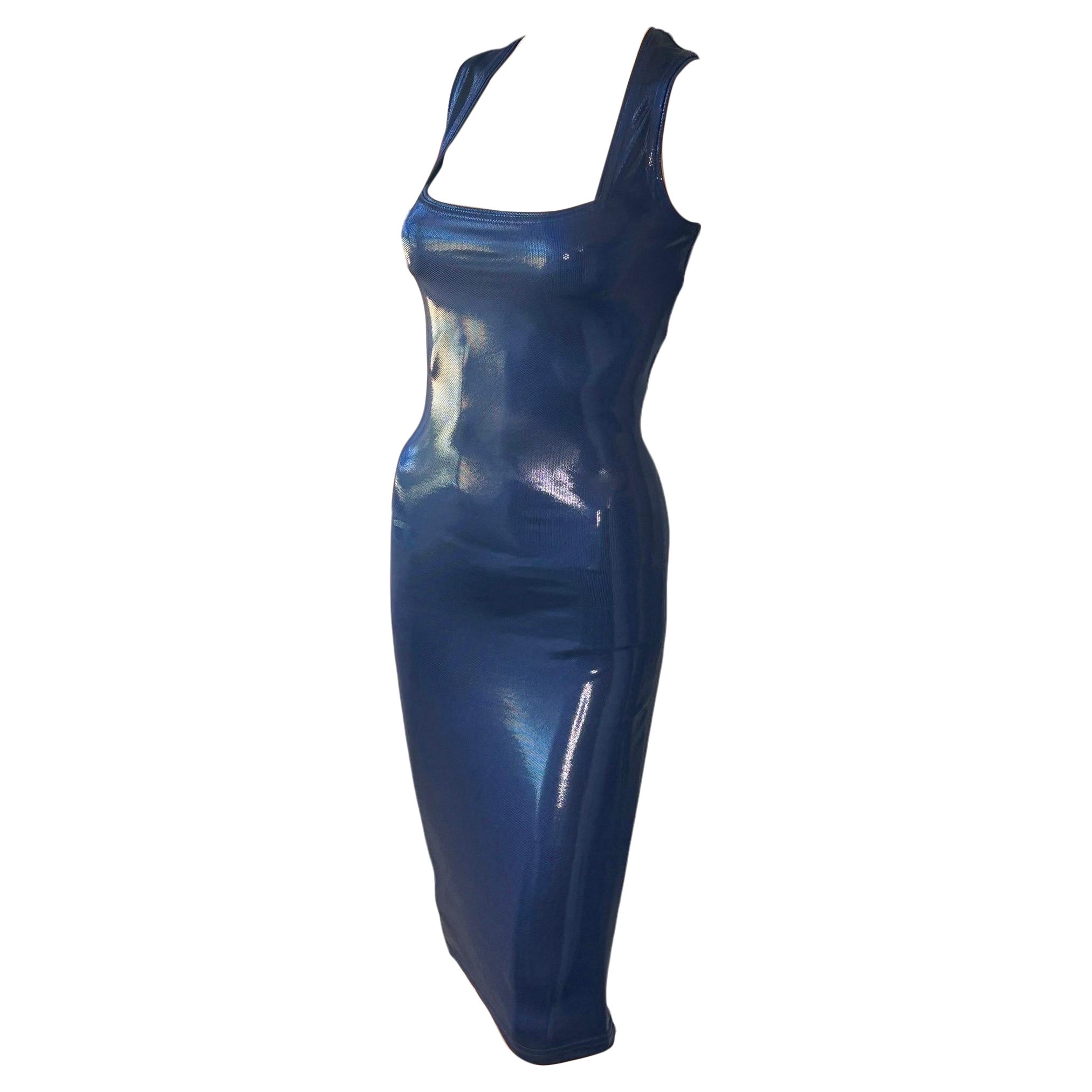Gianni Versace c. 1994 Vintage Wet Look Stretch Bodycon Navy Blue Midi Dress