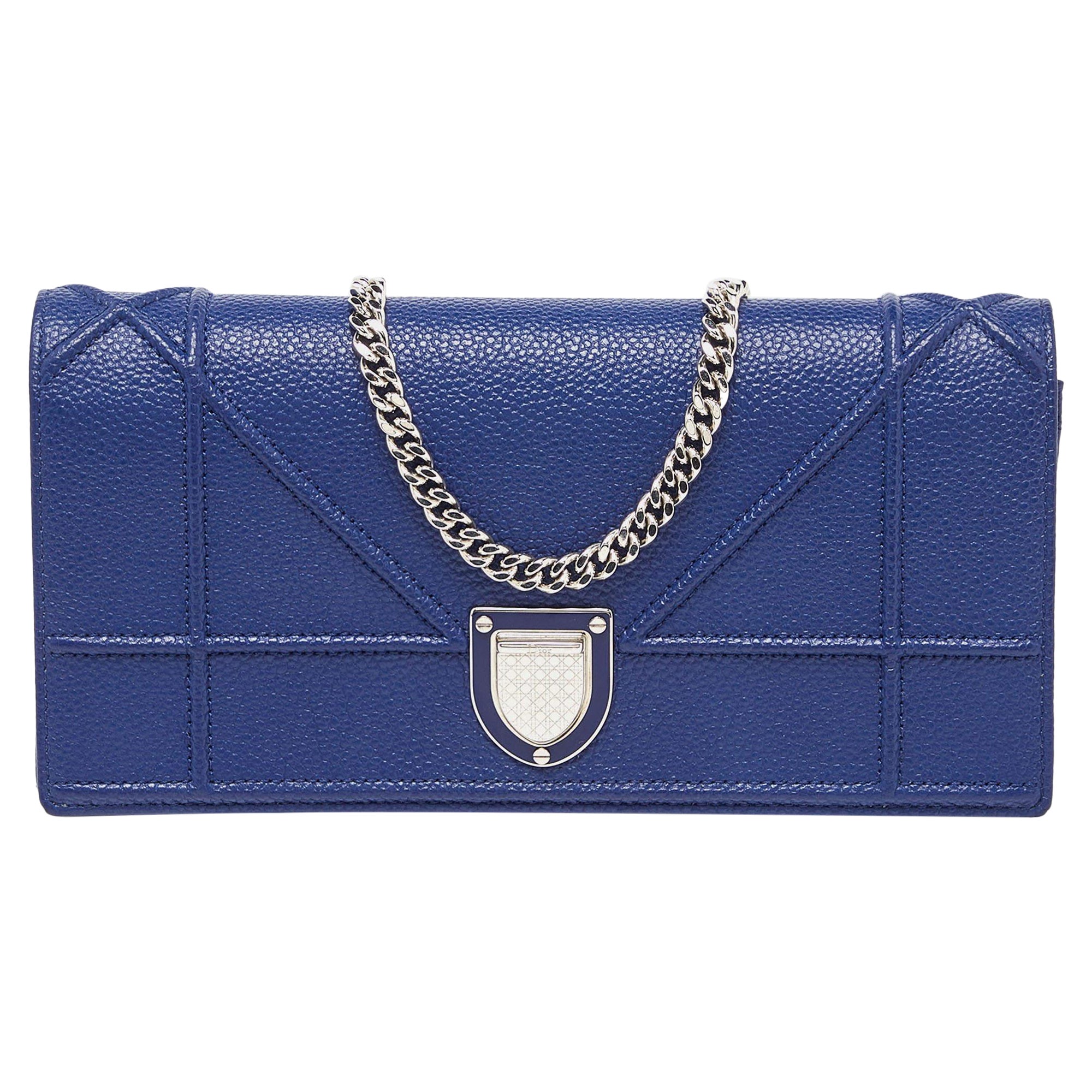 Dior Navy Blue Leather Diorama Wallet On Chain For Sale