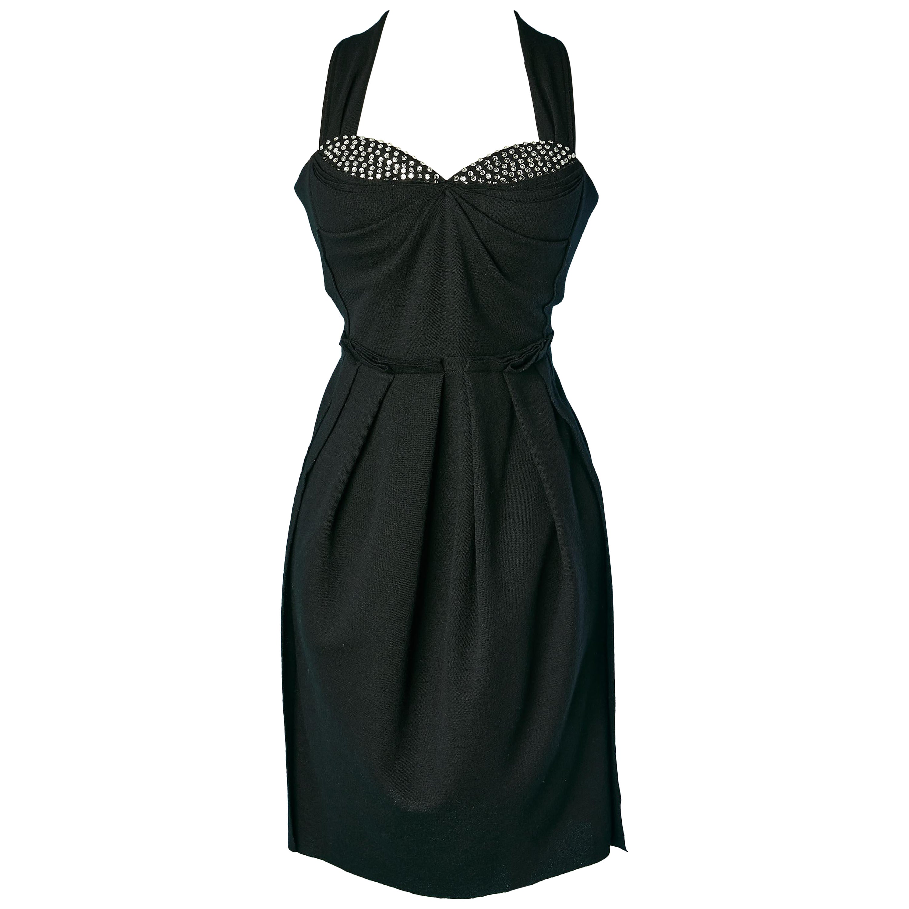 Black wool bustier cocktail dress with rhinestone neckline Sonia Rykiel  For Sale