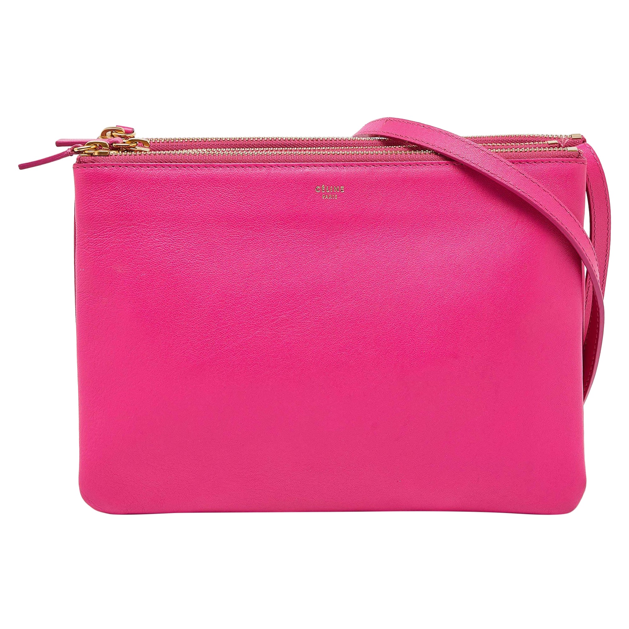 Celine Pink Leather Large Trio Zip Crossbody Bag For Sale