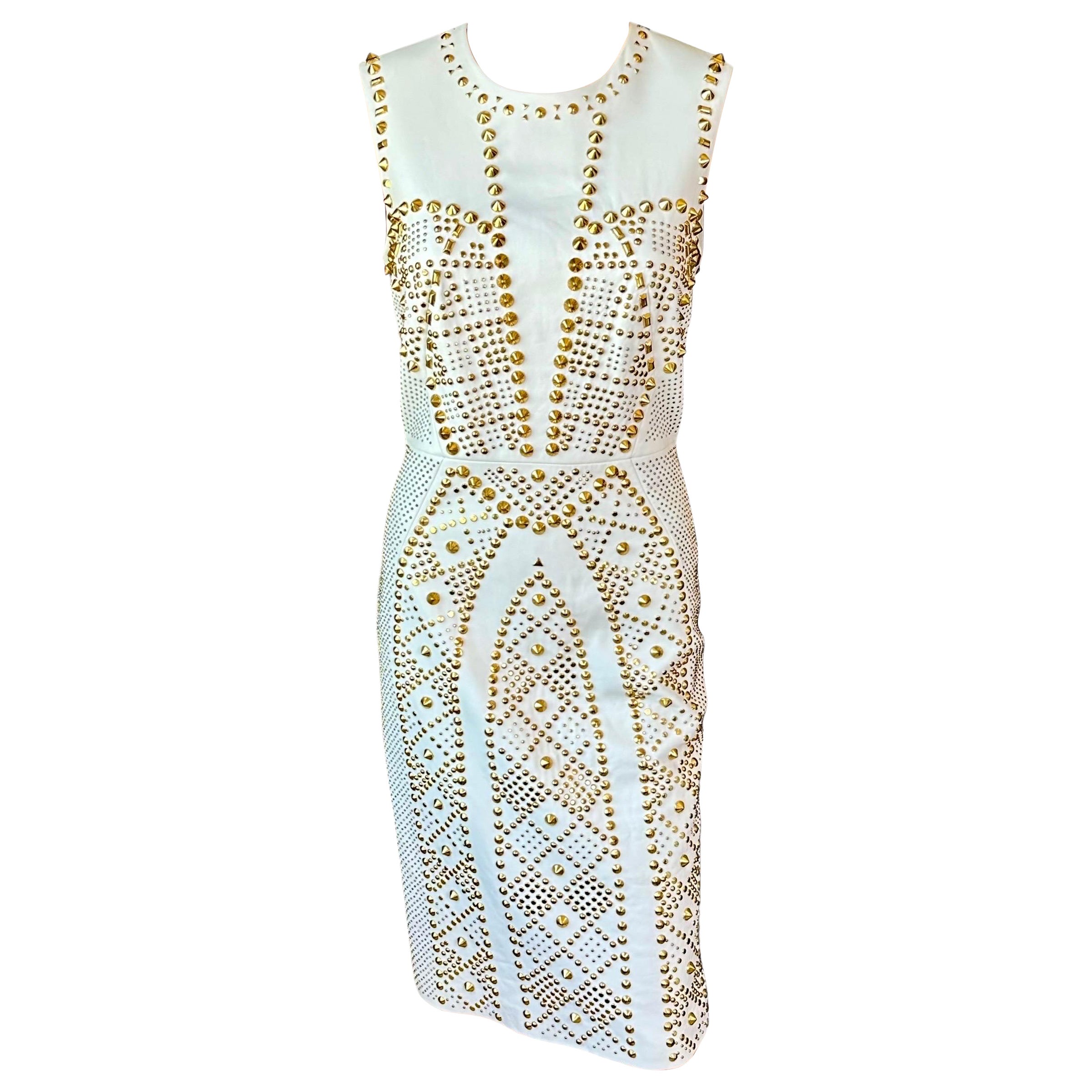 Versace S/S 2012 Runway Embellished Gold Studded Ivory Leather Dress  For Sale
