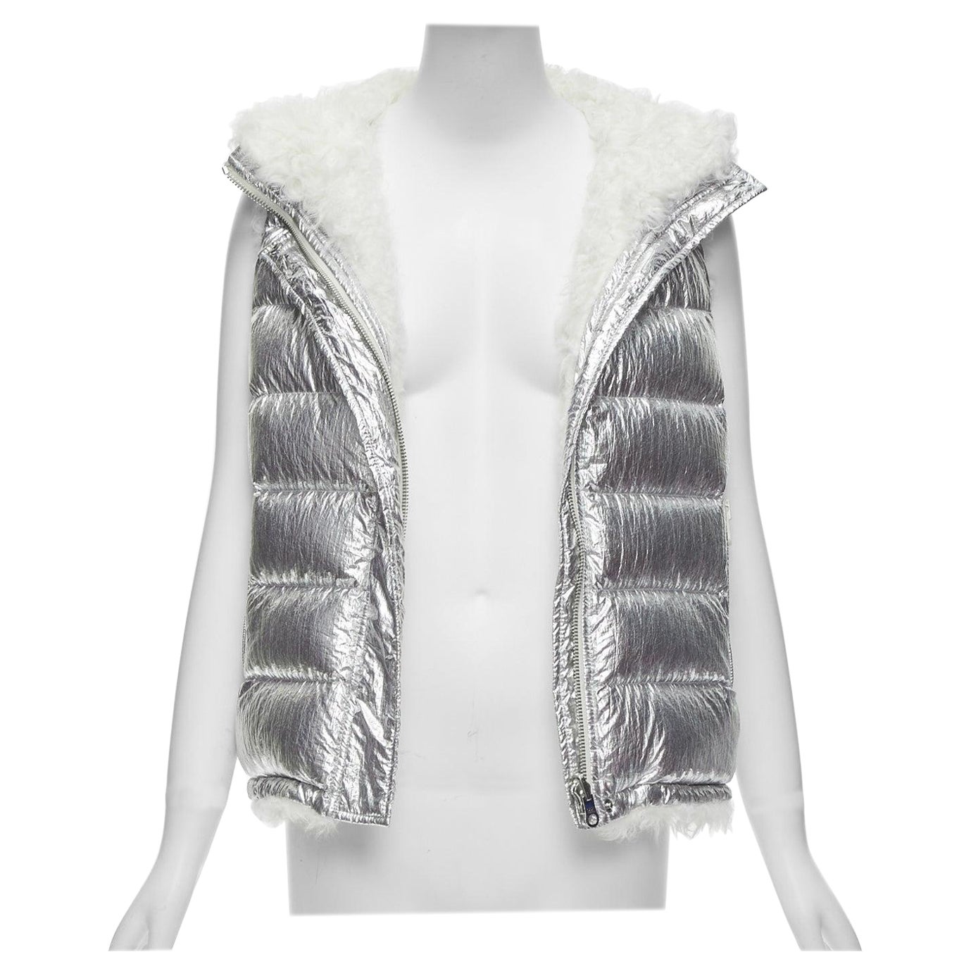 YVES SALOMON ARMY Reversible metallic silver lamb shearling puffer vest FR36 S For Sale