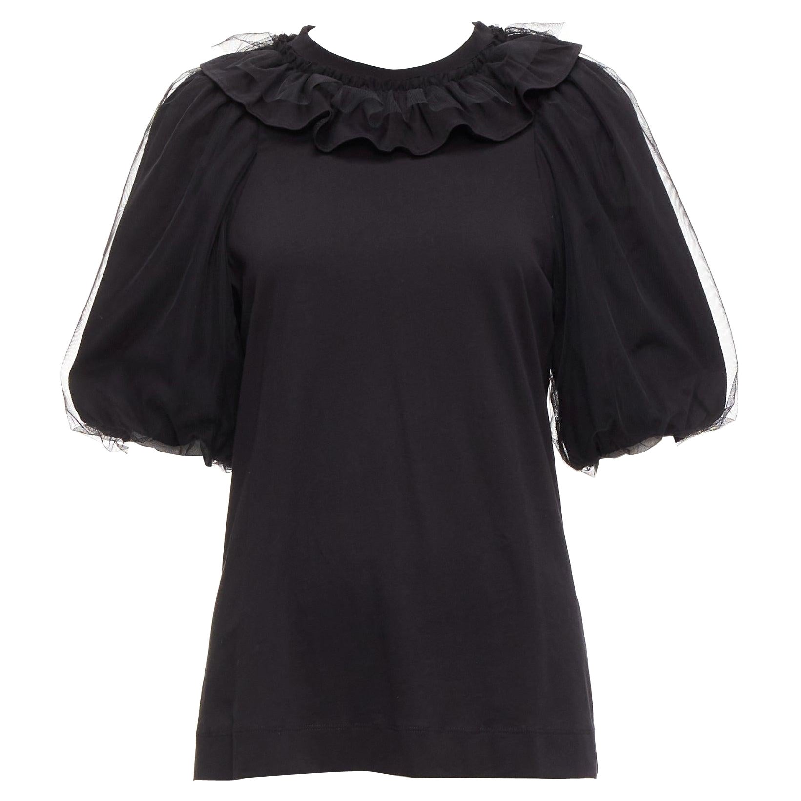 SIMONE ROCHA black cotton sheer overlay puff sleeves ruffle tshirt XS For Sale