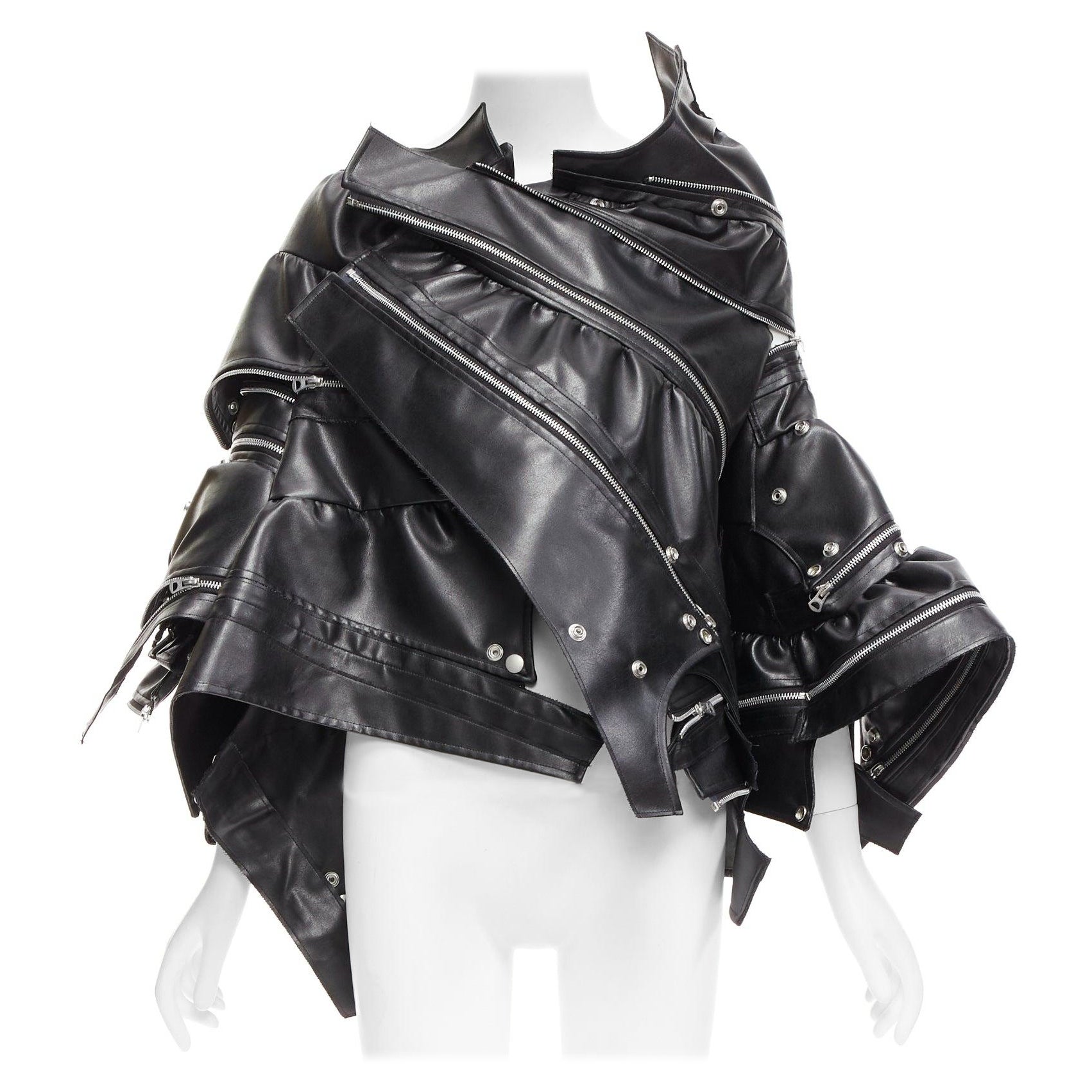 JUNYA WATANABE 2022 Runway black zip pleather deconstructed cape coat XS For Sale