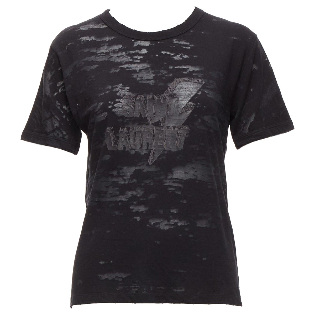SAINT LAURENT 2017 black Devore Lightning Bolt logo print tshirt XS For Sale