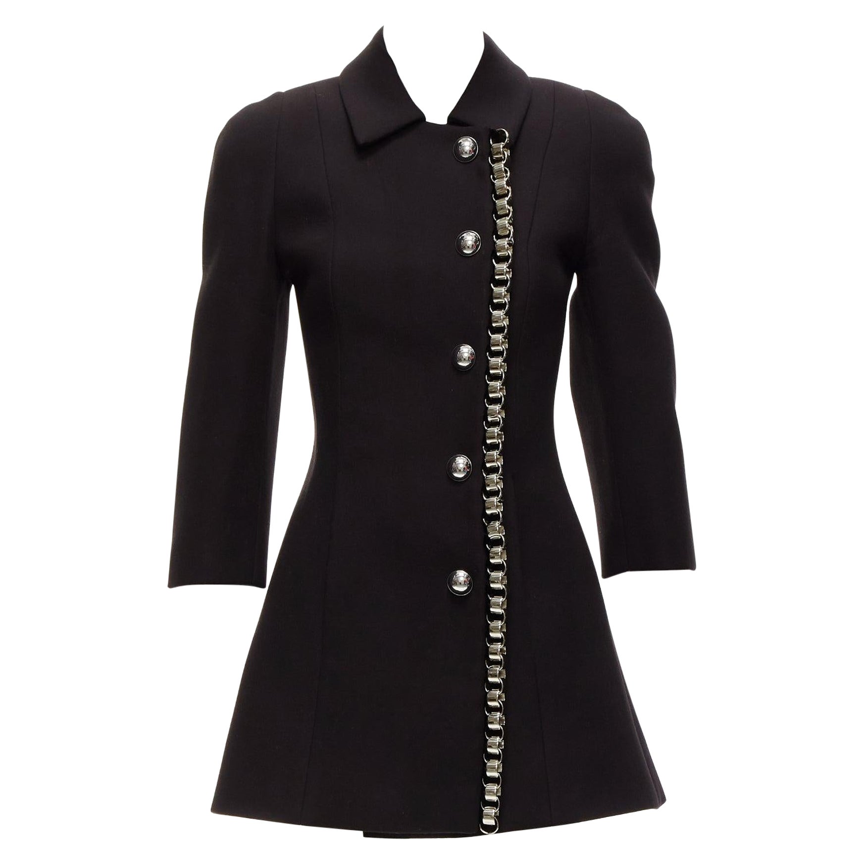 DAVID KOMA Runway Cady chunky chain trim black fit flare coat dress UK6 XS For Sale