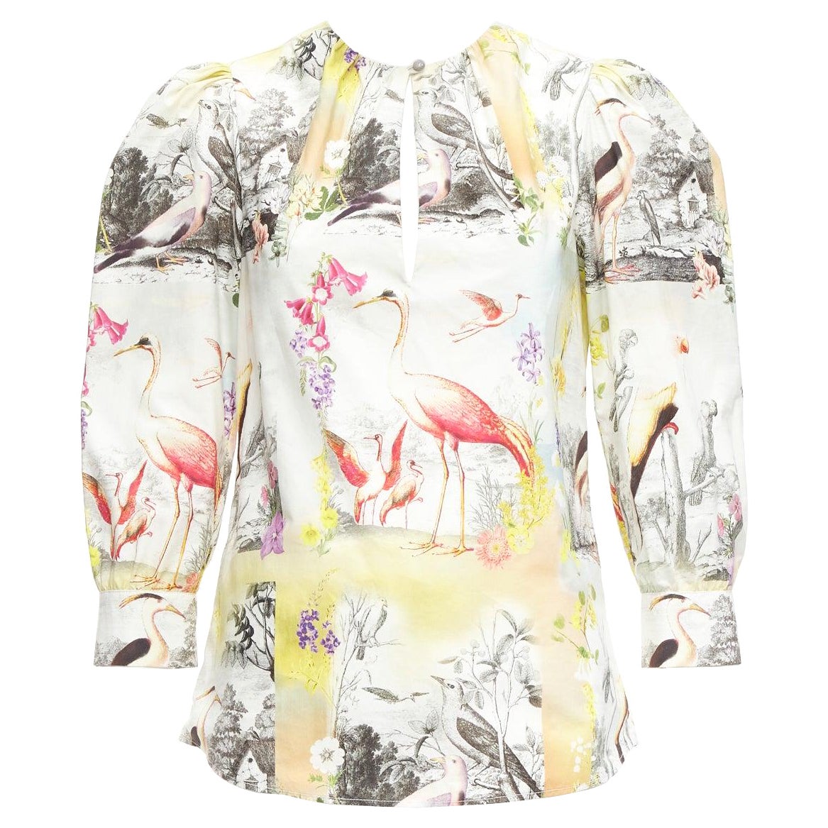 ETRO multicolor floral birds paradise print keyhole crop sleeves blouse IT38 XS For Sale