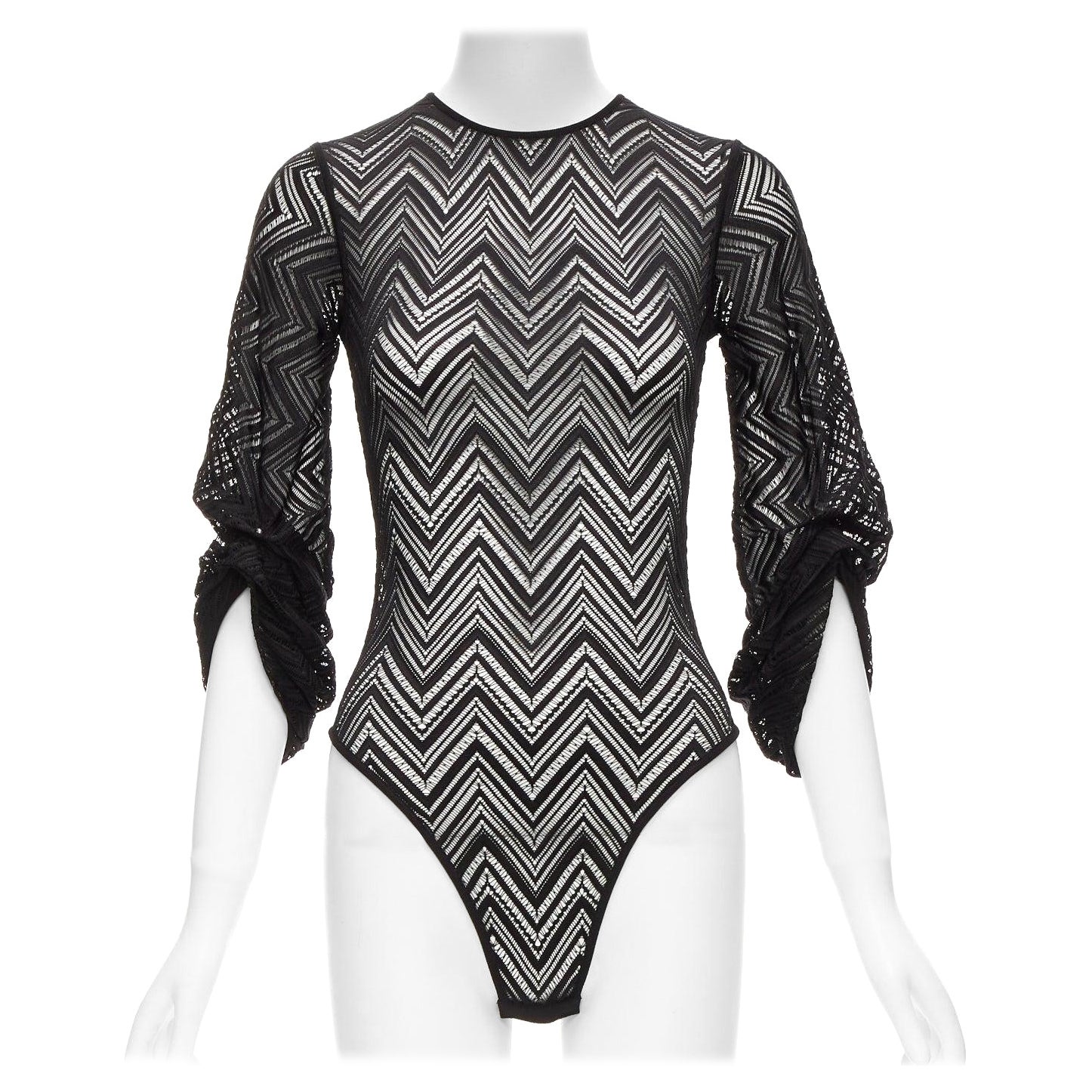 ROLAND MOURET black chevron lattice lace draped charm sleeves bodysuit top XS For Sale