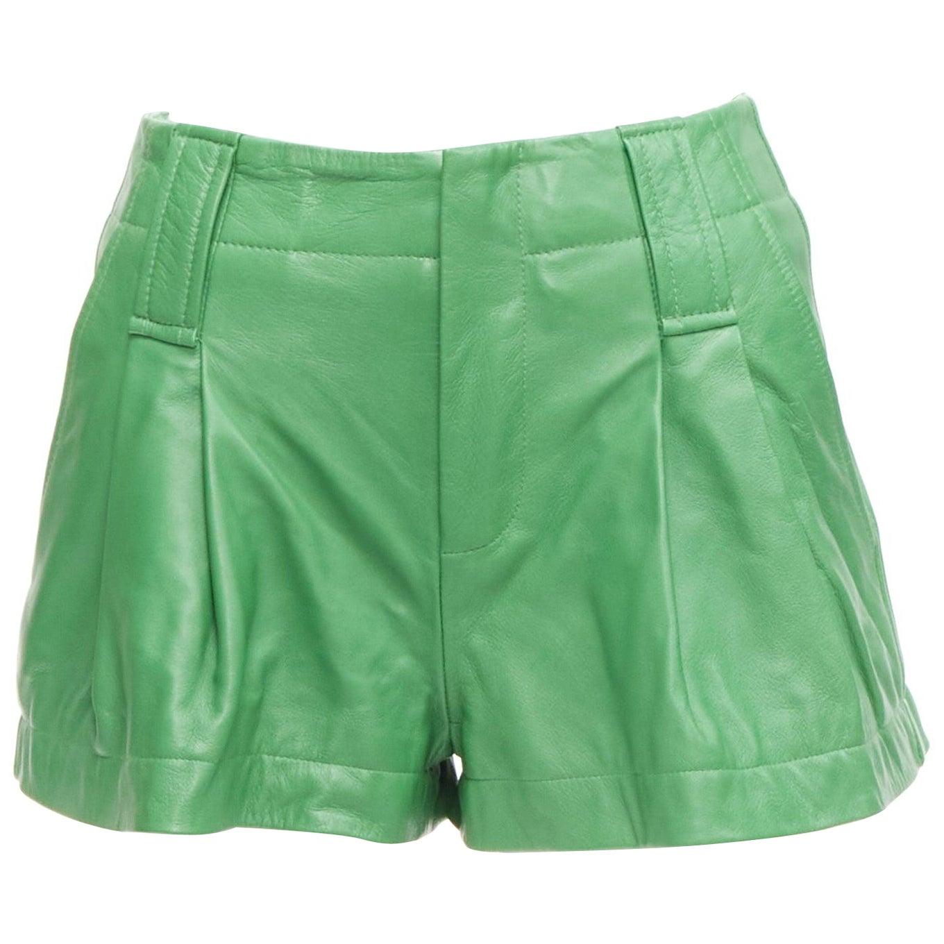 GANNI green lambskin leather high waist flared shorts FR32 XXS For Sale
