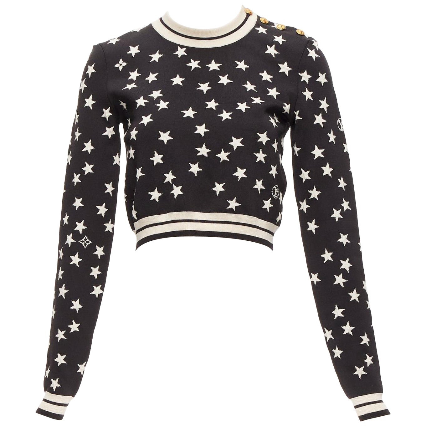 LOUIS VUITTON 2022 black white star LV logo silk blend crop sweater S For Sale