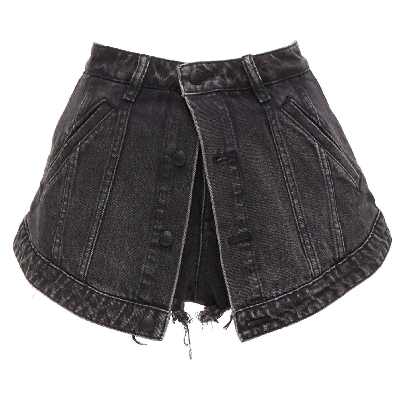 ALEXANDER WANG black washed cotton layered skort high waist cutaway shorts 25" For Sale