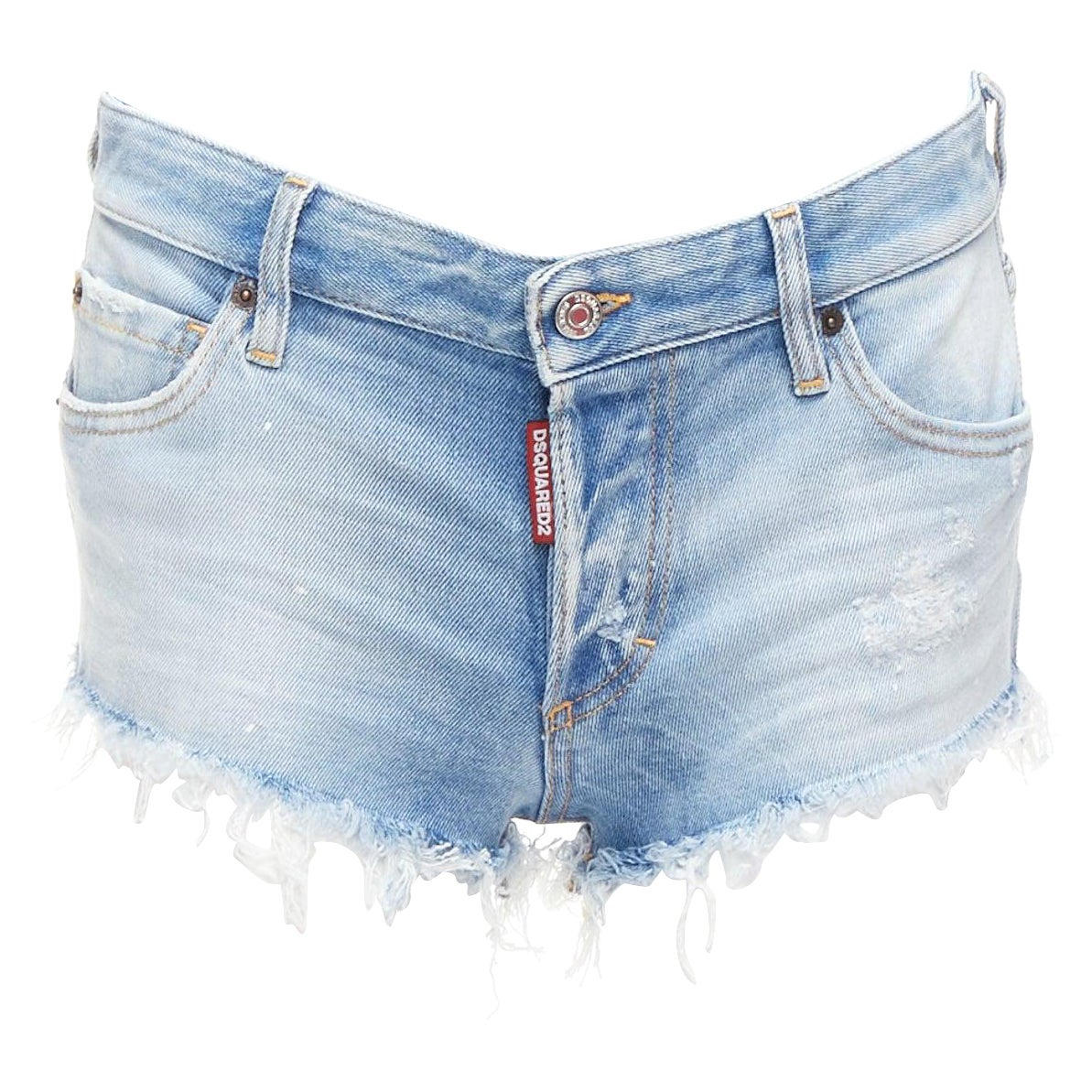 DSQUARED blue washed distressed logo patch frayed cut off booty shorts IT38 XS For Sale