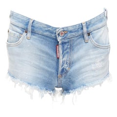 DSQUARED blue washed distressed logo patch frayed cut off booty shorts IT38 XS