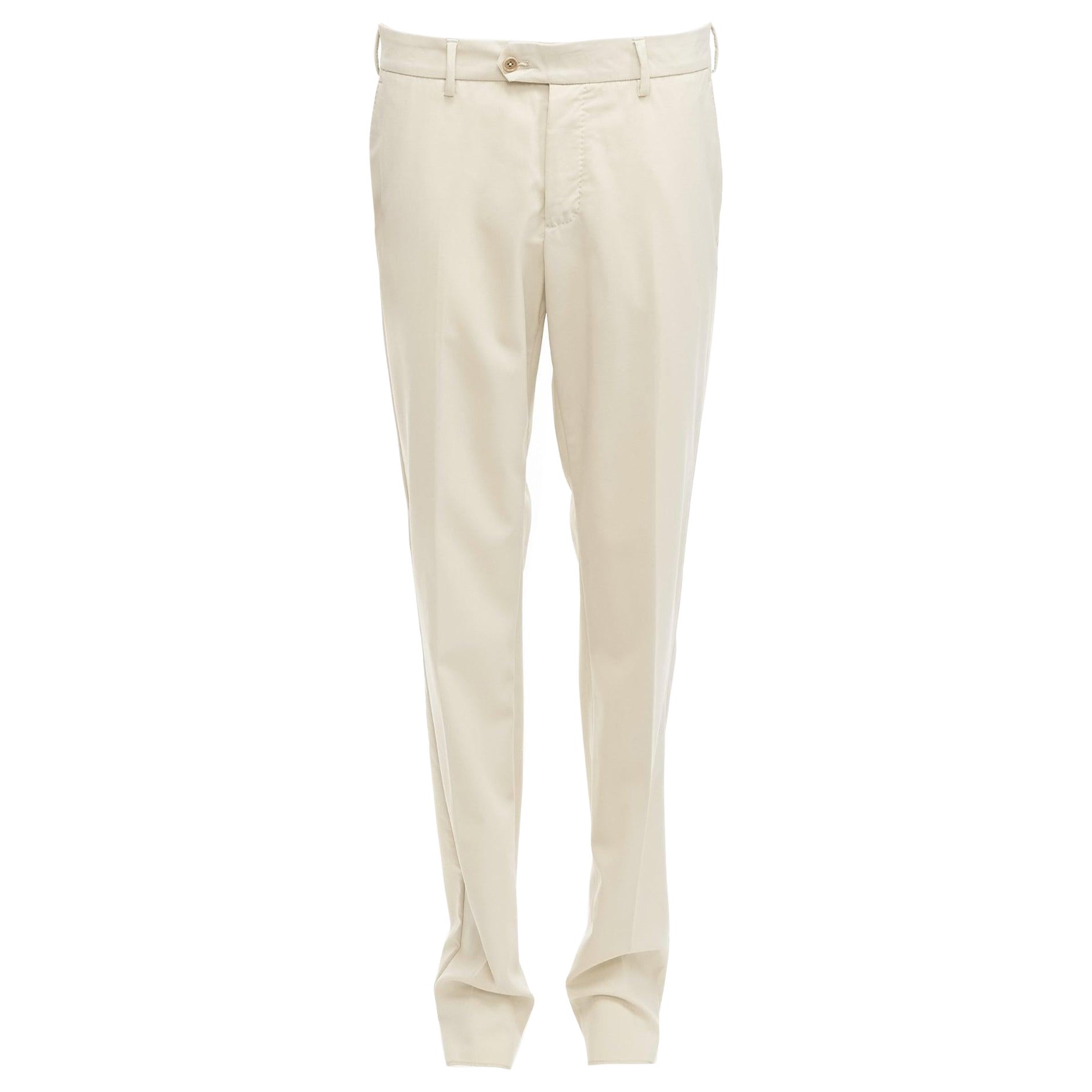 LA PERLA pantalon classique minimal à jambe droite en laine vierge mélangée beige clair M. en vente