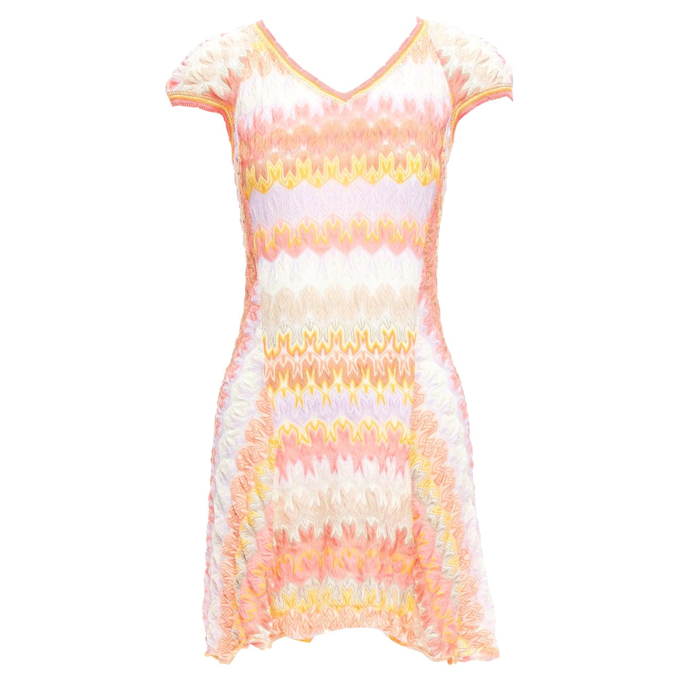 MISSONI pink cotton chevron zigzag knit V neck cap sleeve mini dress IT38 XS For Sale