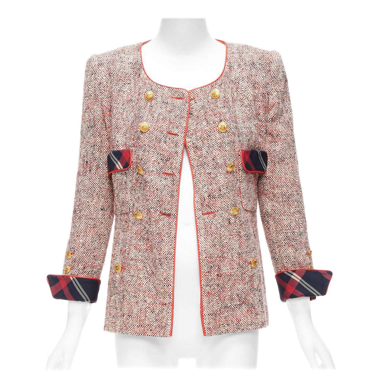 CHANEL Vintage red boucle tweed gold button double breasted blazer jacket FR34 For Sale