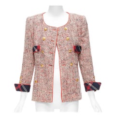 CHANEL Vintage red boucle tweed gold button double breasted blazer jacket FR34
