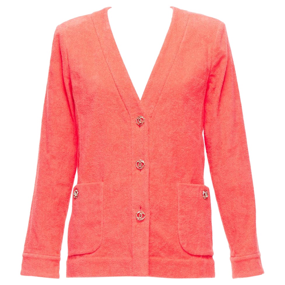 CHANEL coral pink towel terry cloth gold CC logo blazer jacket FR36 S For Sale