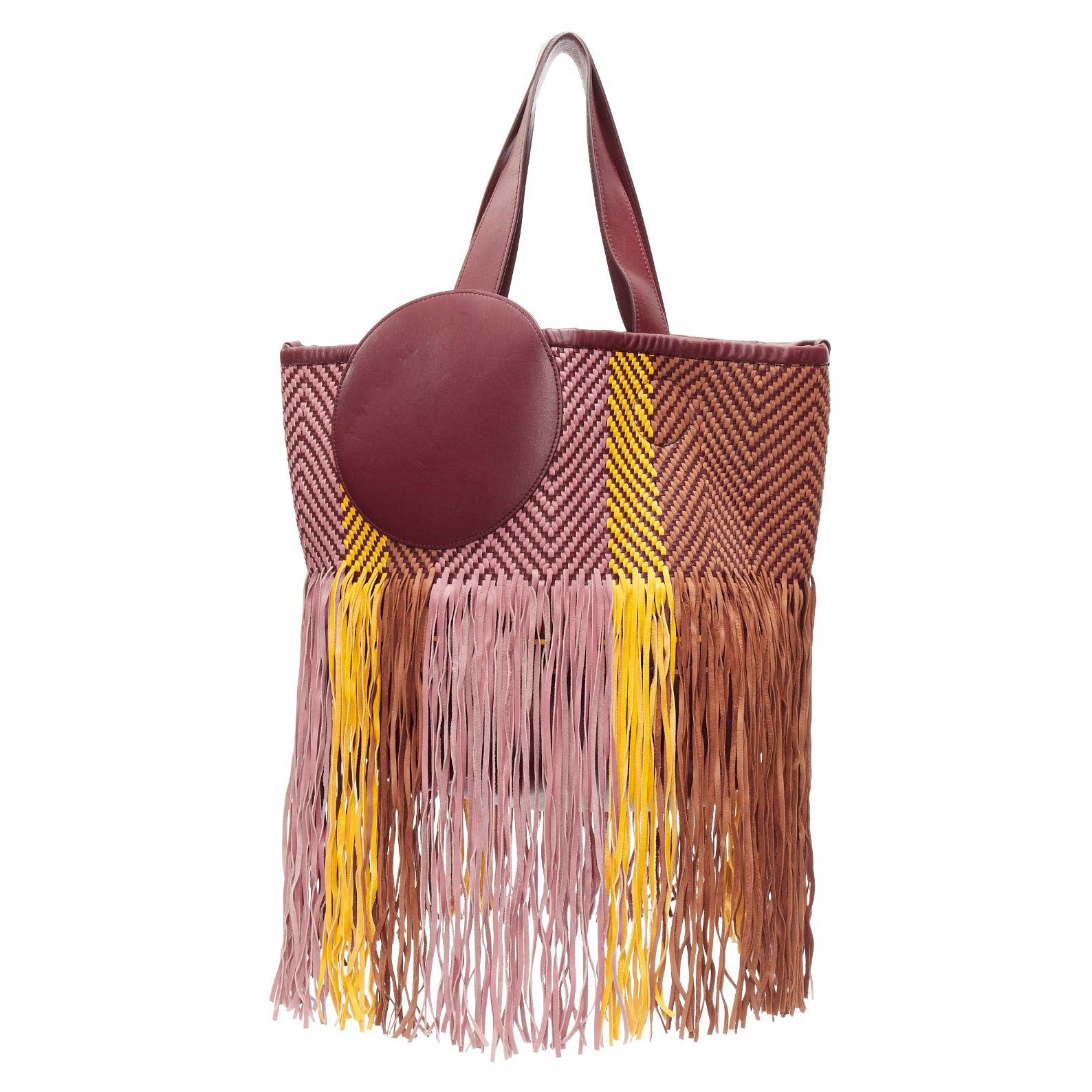 ROKSANDA Eider brown burgundy yellow calfskin leather woven fringe tote bag For Sale