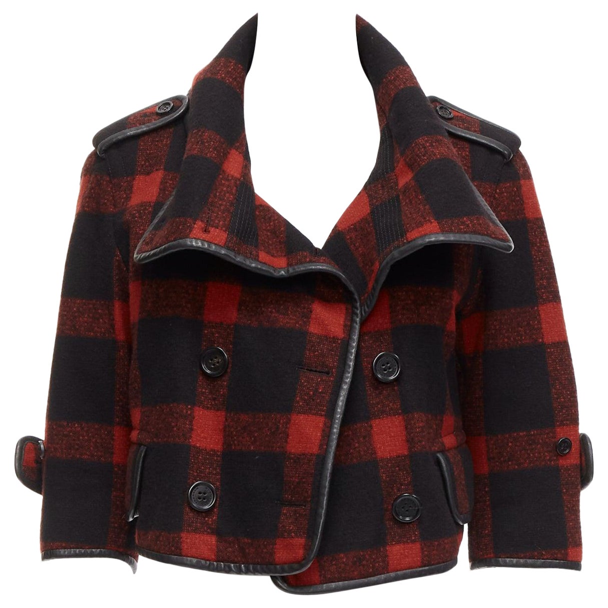 BURBERRY Runway red black wool plaid check leather trim cropped trench IT36 XXS For Sale