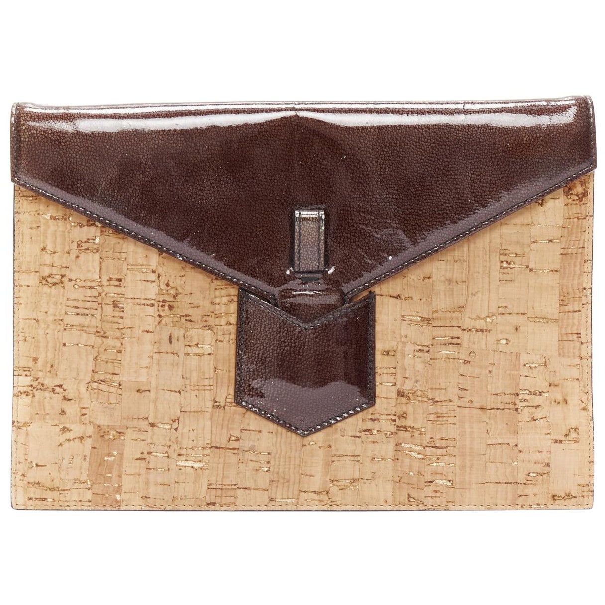 YVES SAINT LAURENT Vintage Cork brown patent leather small envelope clutch bag For Sale