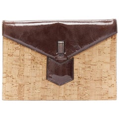 YVES SAINT LAURENT Used Cork brown patent leather small envelope clutch bag