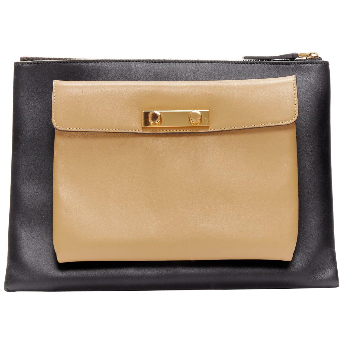 MARNI beige black smooth leather gold stud buckle dual oversized zip clutch bag For Sale