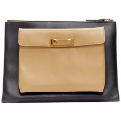 MARNI beige black smooth leather gold stud buckle dual oversized zip clutch bag