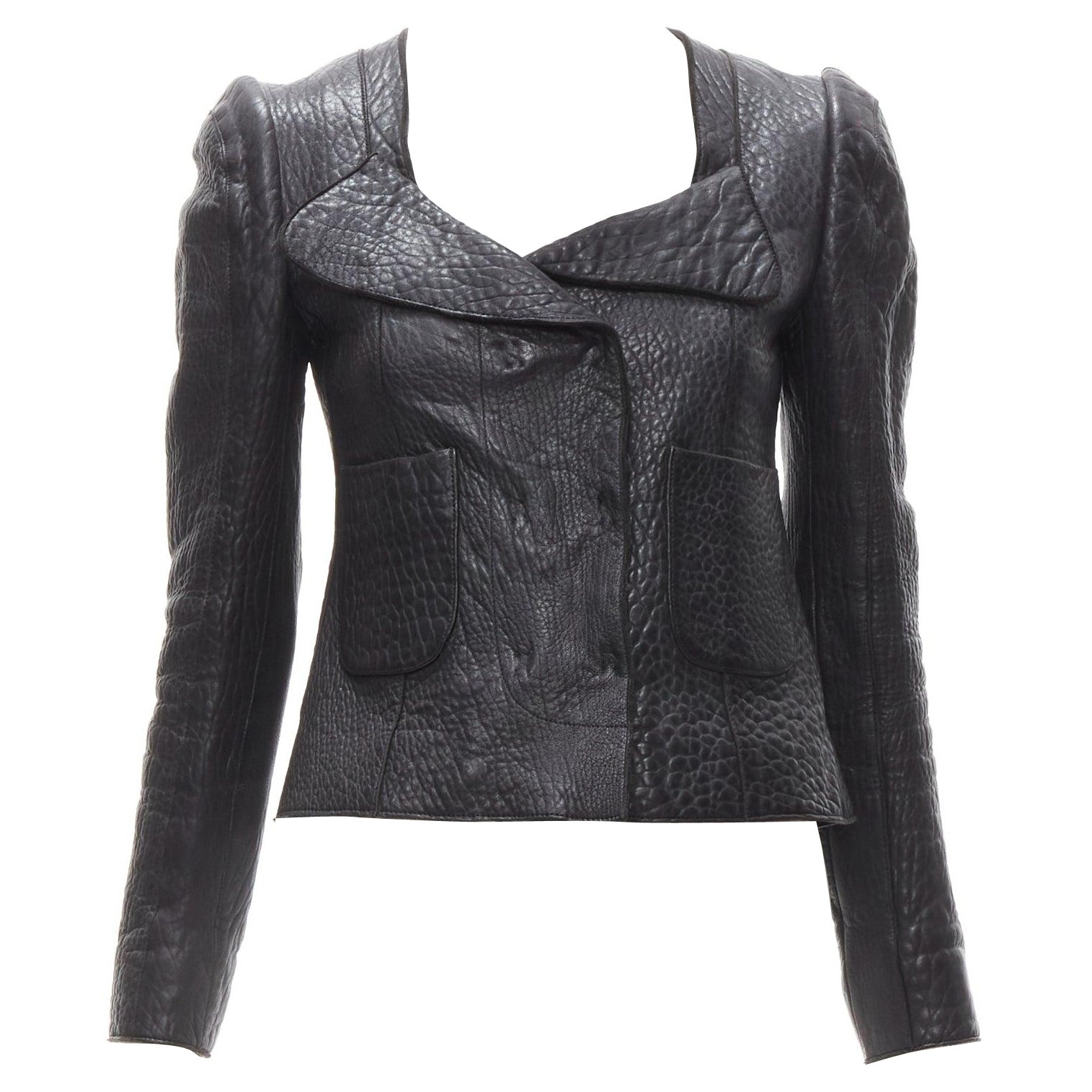 CARVEN black textured leather padded shoulder double breasted blazer IT38 XS For Sale