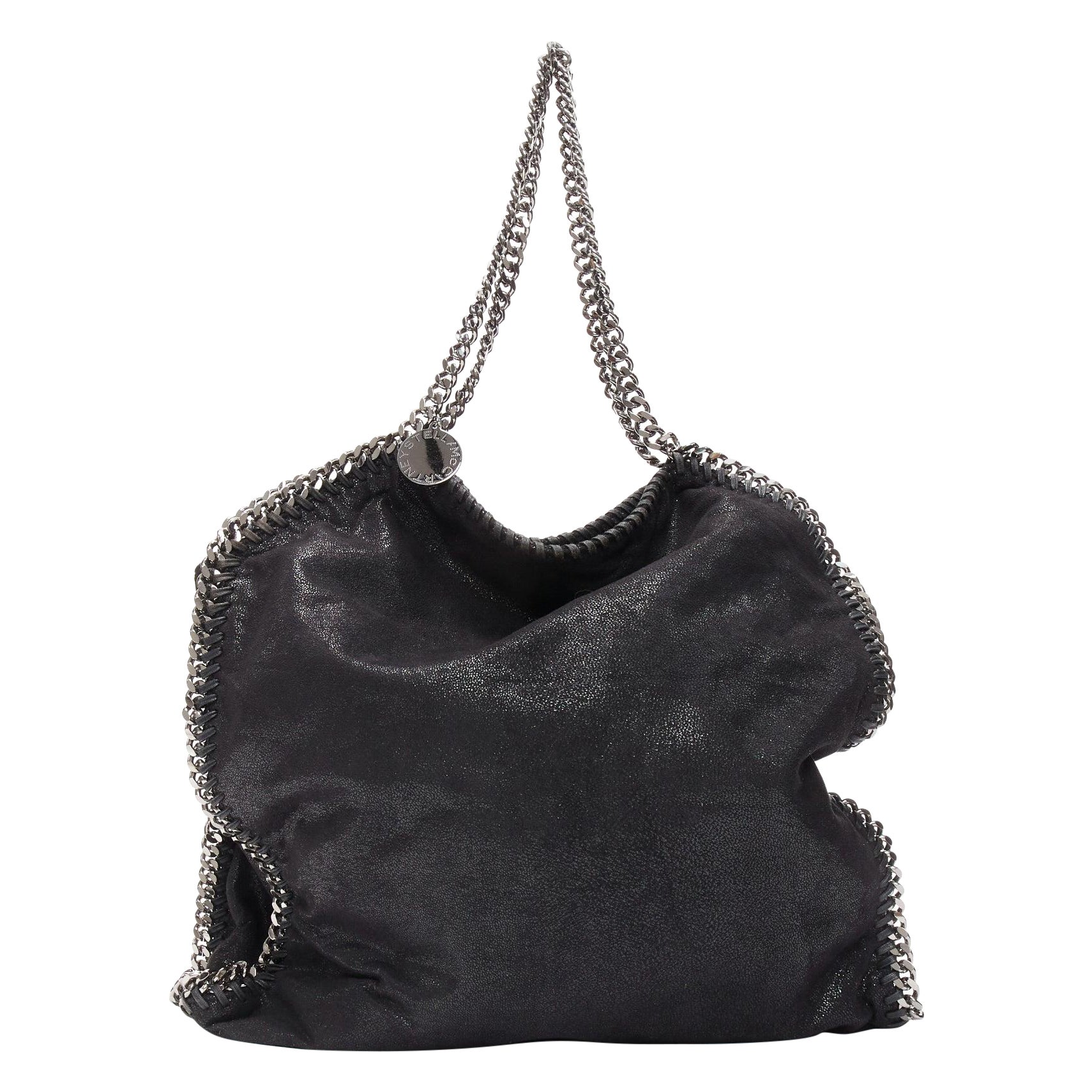 STELLA MCCARTNEY Falabella black shiny fabric logo medium chain tote bag For Sale